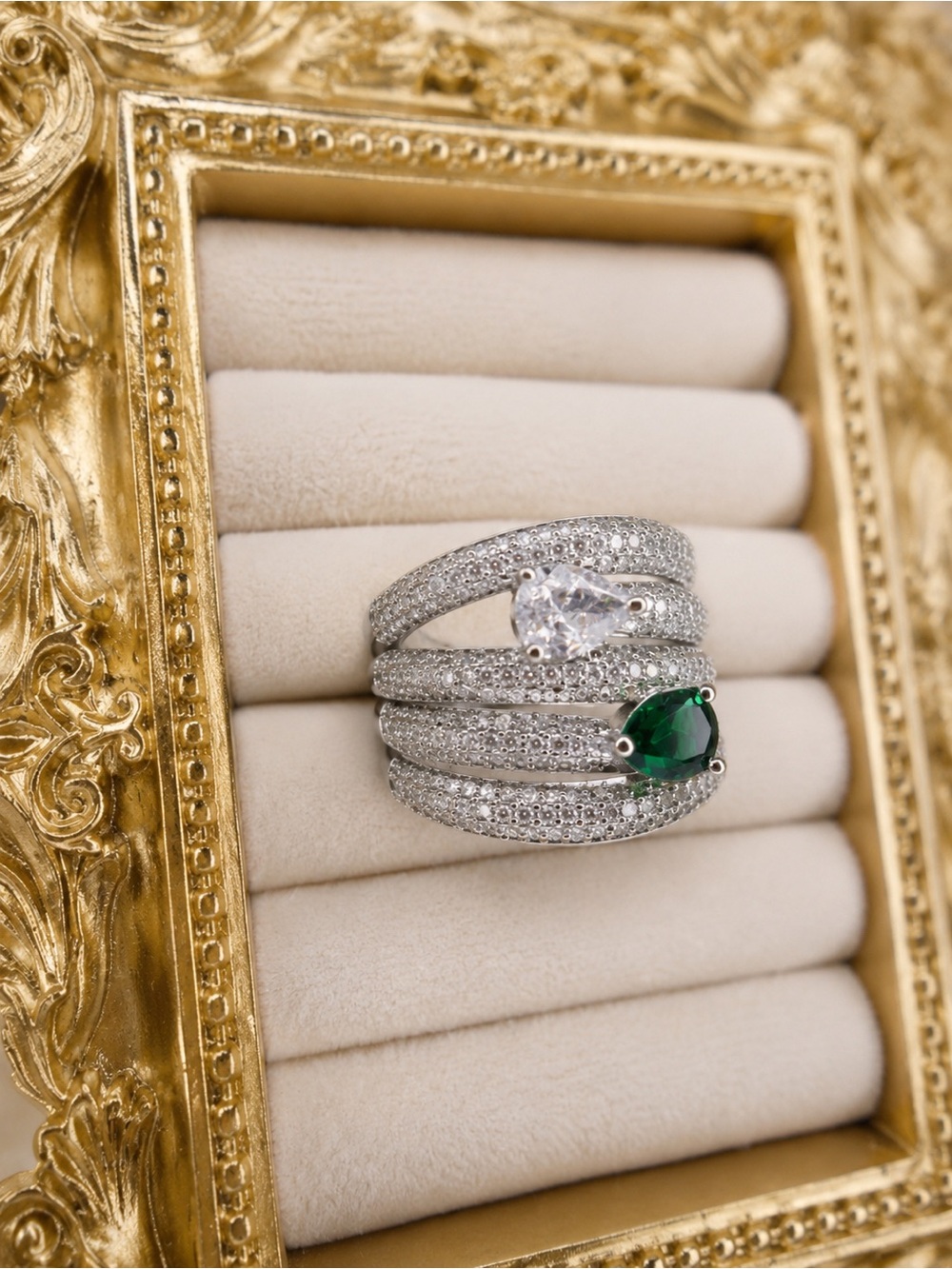 Silver Multi-Band Ring with Emerald Green and Clear Stones